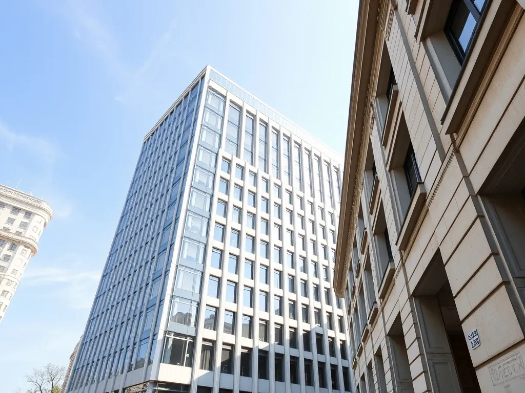 A professional wide shot of a modern financial district buil